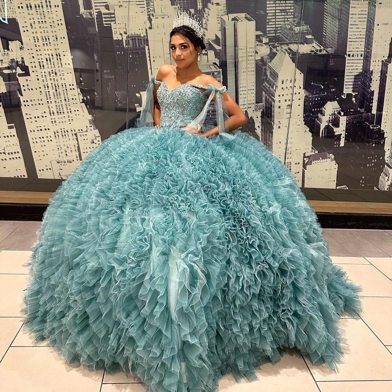 

Aqua Blue Sweetheart Quinceanera Dresses 2024 Beads Tull Tiered Mexican Vestidos De 15 Anos Princecss Birthday Party Gowns