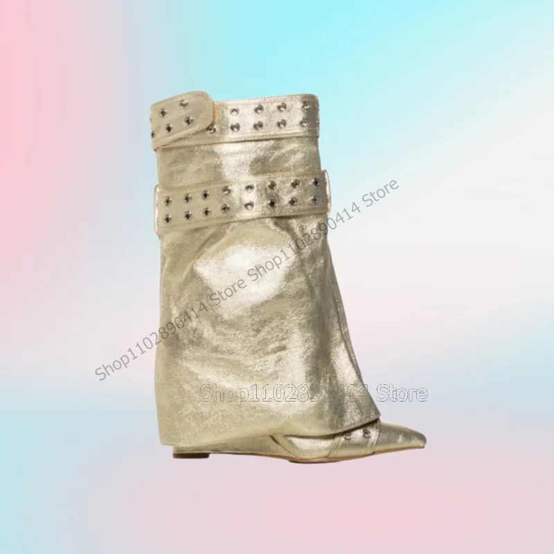 

Gold Belt Fastener Pointed Toe Wedges Heel Boots Slip On Women Shoes Knee High Fashion Party Banquet 2023 Zapatos Para Mujere