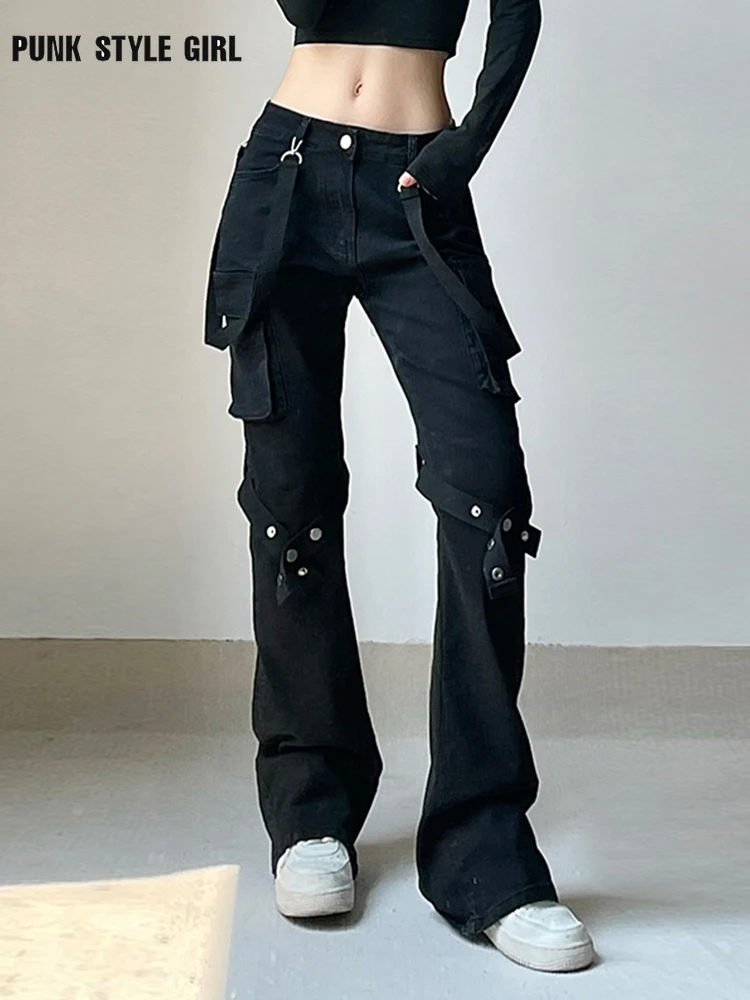 2024 90s Harajuku Streetwear Emo Alt Straight Pants Women Y2k E-girl Dark Academia Gothic Metal Buckle Leg Ring Trousers Female