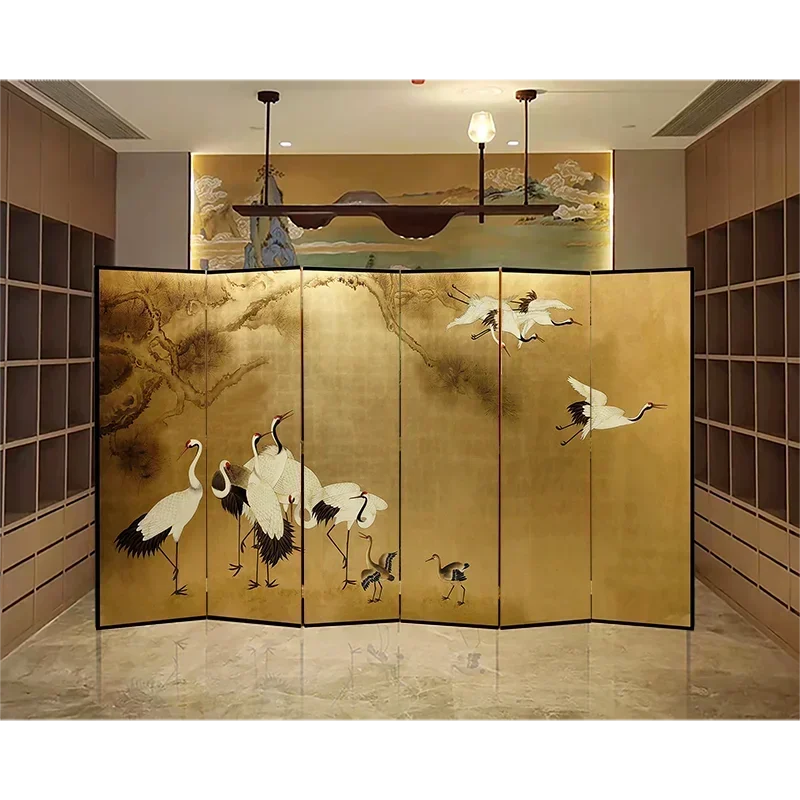 Custom Japanese crane back folded mobile solid wood ancient screen gold foil hand-painted living room background wall