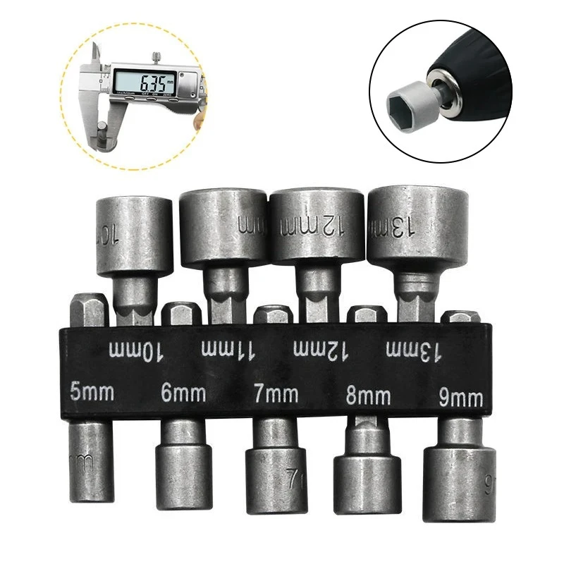 Socket Sleeve Nozzles Nut Driver Set Screwdriver Adapter 5mm-13mm Hex Sockets Fixed Drill Bits Car Repair Power Tool Accessories