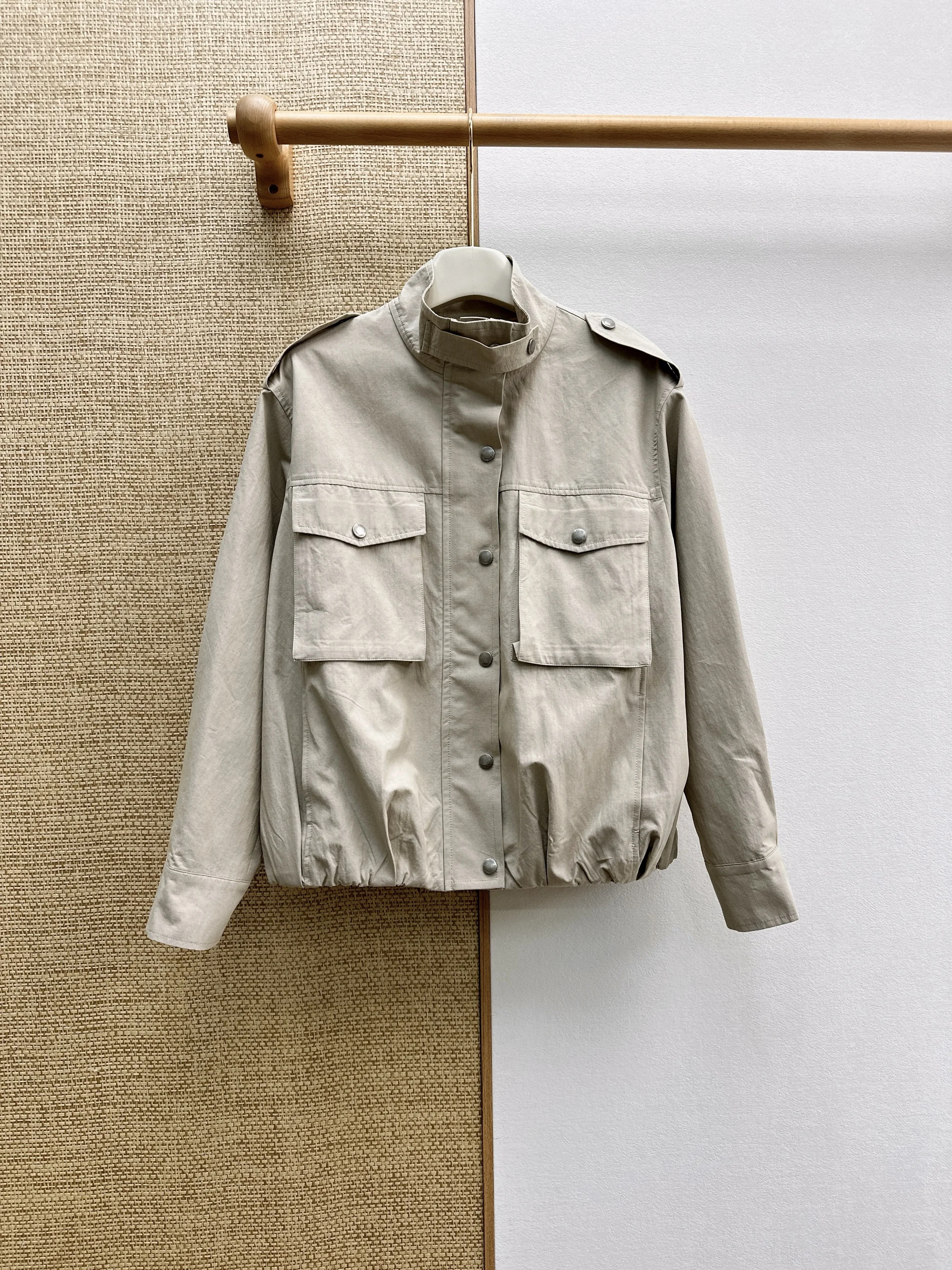 Women Light Khaki Cargo Jacket Fall Winter New, Stand Collar Epaulet Outerwear