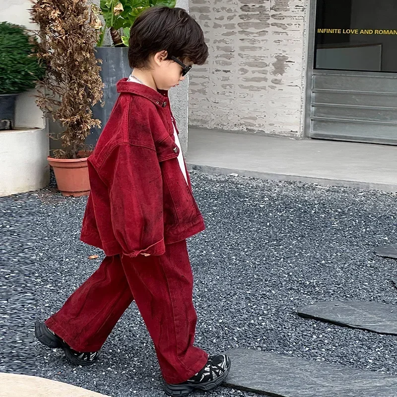 Children Clothes Boys Fashion Set 2024 Spring and Autumn New Handsome Red Denim Coat and Pants Boys Cool Two-piece Set