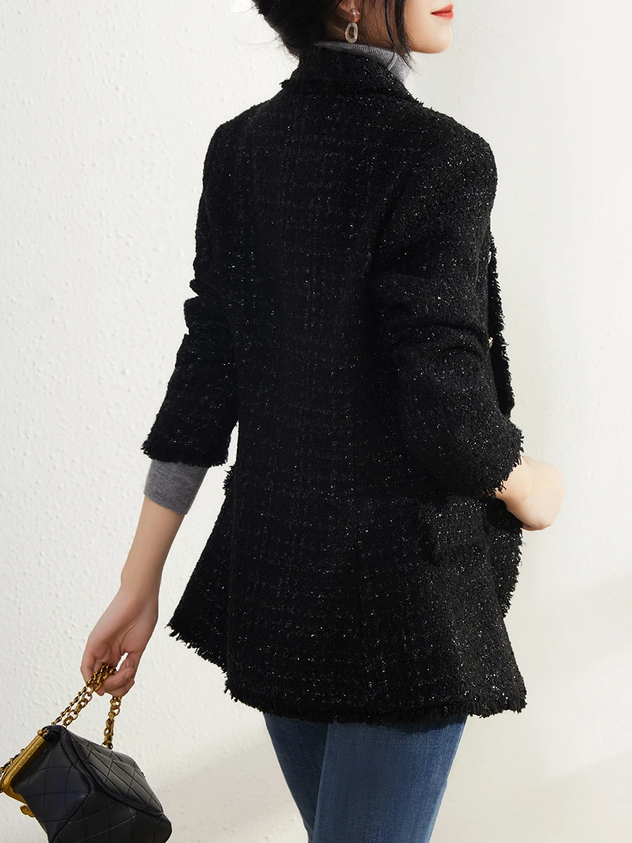 Nova Coleção Primavera: Jaqueta Feminina de Lã de Comprimento Médio, Estilo Pequena França, em Tweed Tricotado Grosso, para o Dia a Dia