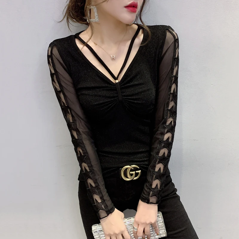 #7927 Red Black Sexy Spliced Mesh See Through T Shirt Women Slim V Neck Hollow Out Elastic Long Sleeved Womens Tee Shirts Tight