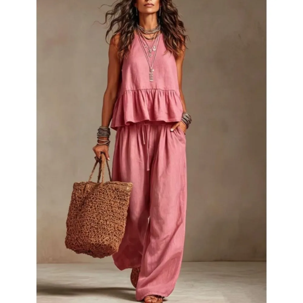New Casual Sleeveless Women T-shirt Trousers 2piece Set Fashion Ruffled Large Swing Elegant Female Office Wide-leg Trousers Suit - view 6