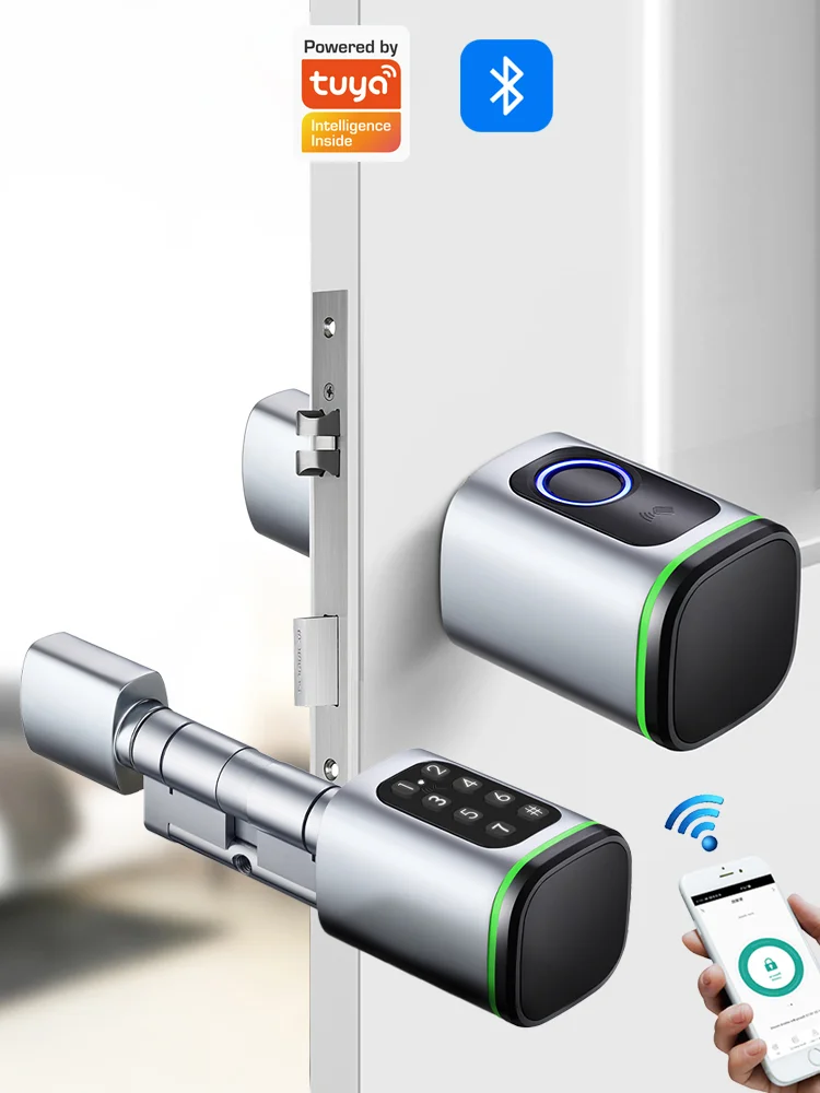 Schlüsselloses Smart-Zylinderschloss mit Tuya App-Unterstützung, RFID, NFC, IC-Karte, PIN-Code/Fingerabdruck, mechanischer Schlüsselentriegelung und Gateway-Unterstützung