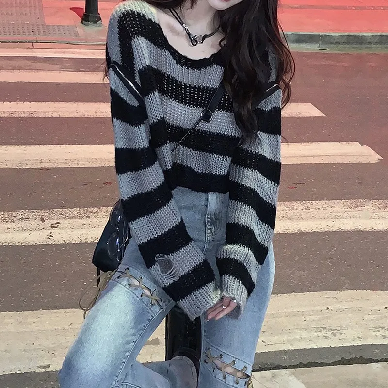 Karrcat Gothic Striped Sweater Emo Grunge Jumper Punk Dark Academia Alt Clothes Black Gray Knitted Cropped Pullovers Streetwear