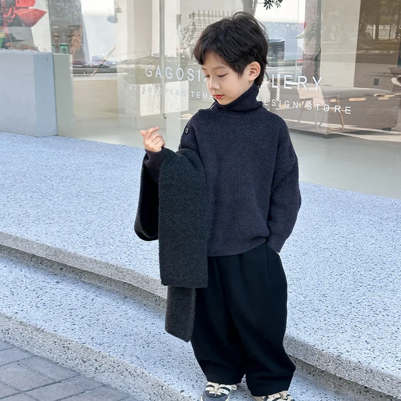 

Свитер с высоким воротником, трикотаж, осень-зима, для мальчиков, детский, новый, модный, универсальный, мягкий, удобный, однотонный, модный