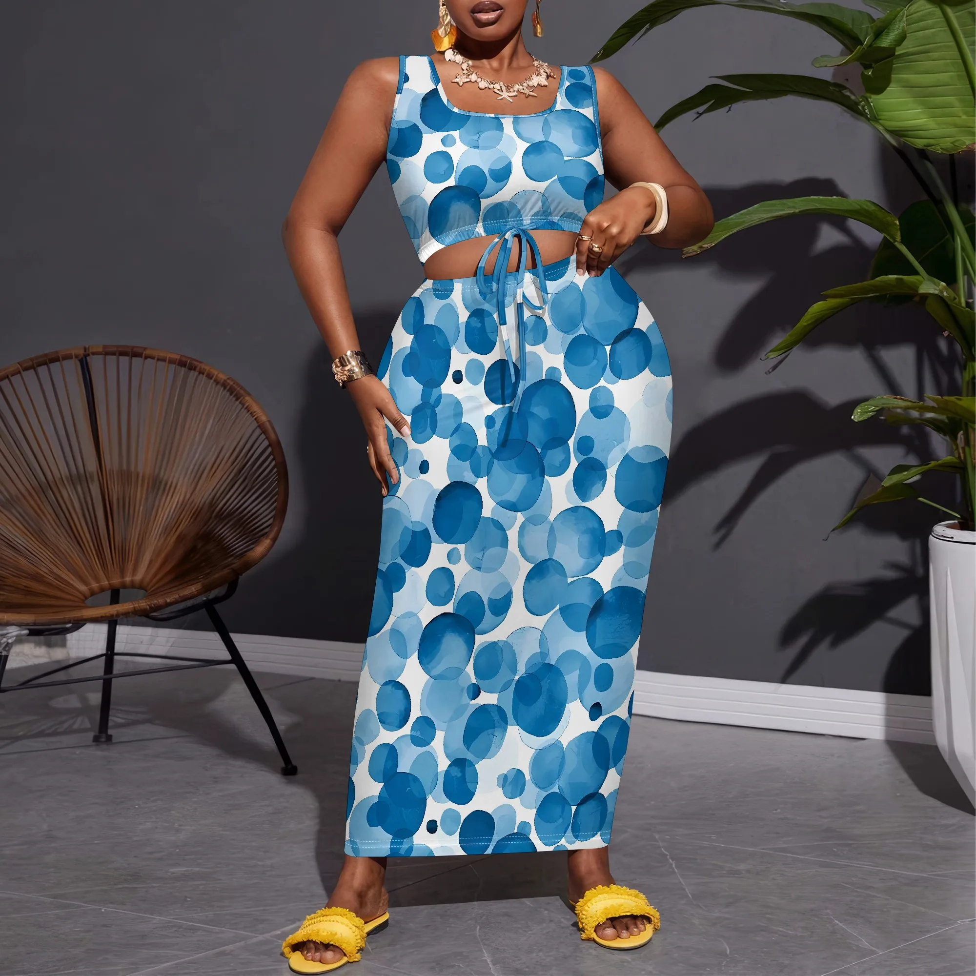 Nupusa Plus Size Dot พิมพ์ชุดสองชิ้นผู้หญิงฤดูร้อนแขนกุดชุดลําลอง