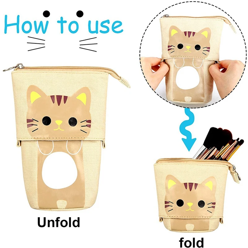 ANGOO 4 Pieces Pencil Holder Cute Cat Telescopic Pencil Organizer Makeup Bag Cosmetics Pouch Stationery Pen Case