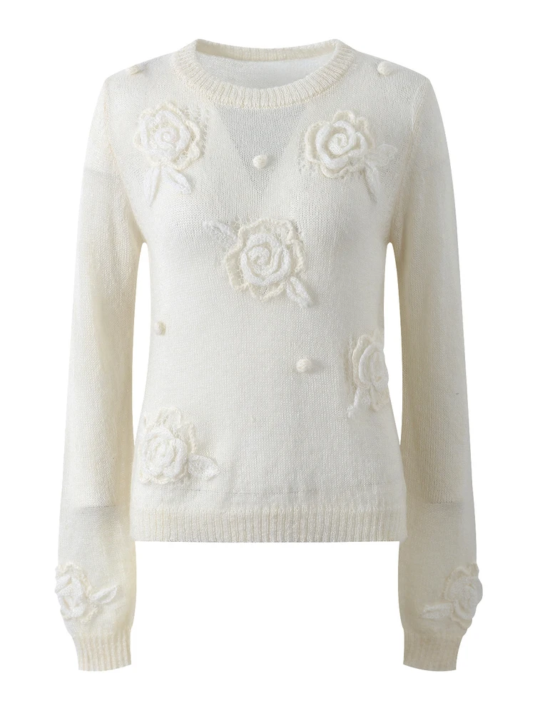 

Ele European Sle Long Sve Knitted Sweater Women's Vintage Loose Fit Transparent Floral Design Soft Comfortable Top