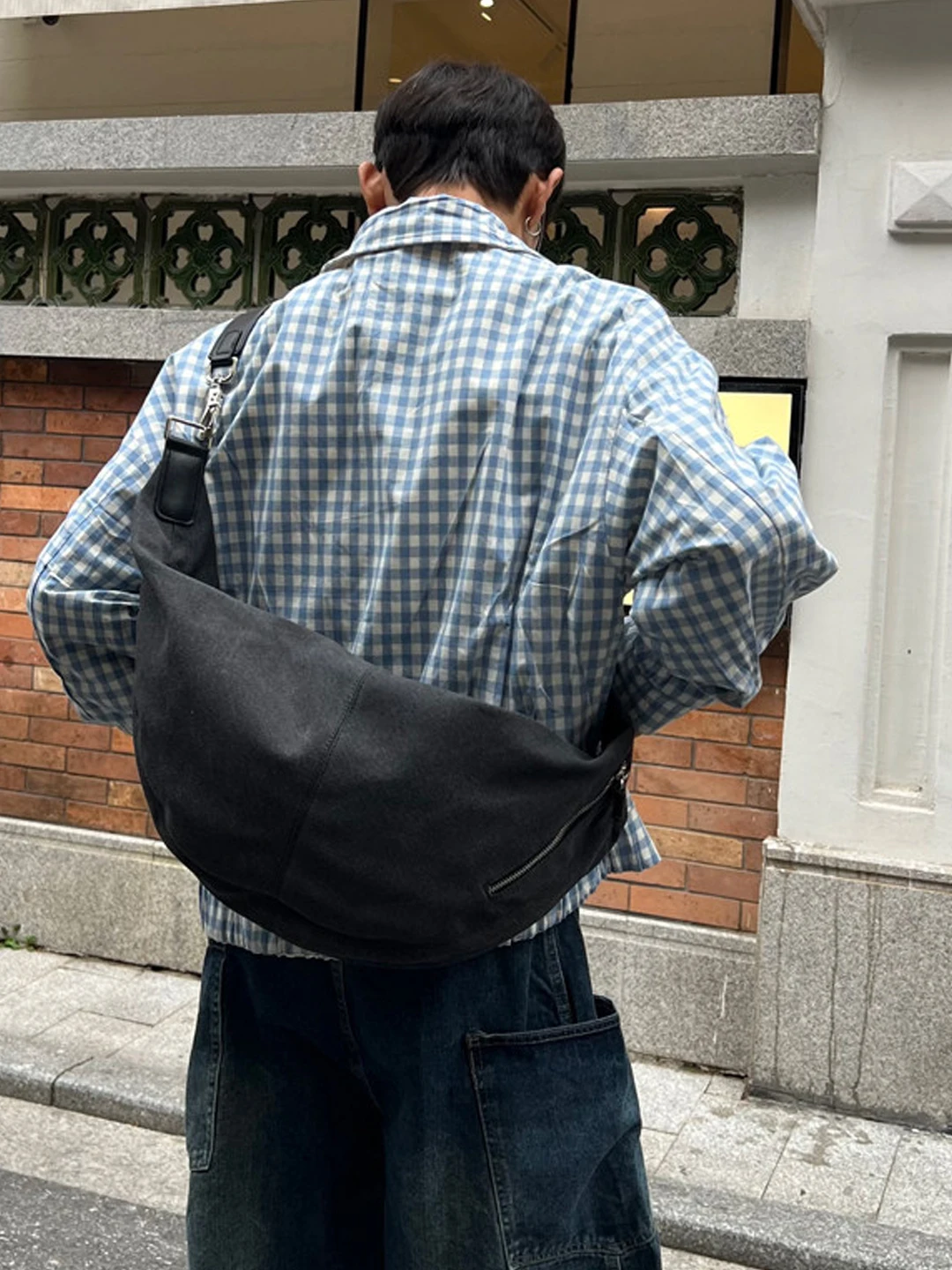 NIN Design Street Style Canvas Dumpling Bag Unisex Single Shoulder Slung Bag Casual Leisure Crossbody Bag for Youth