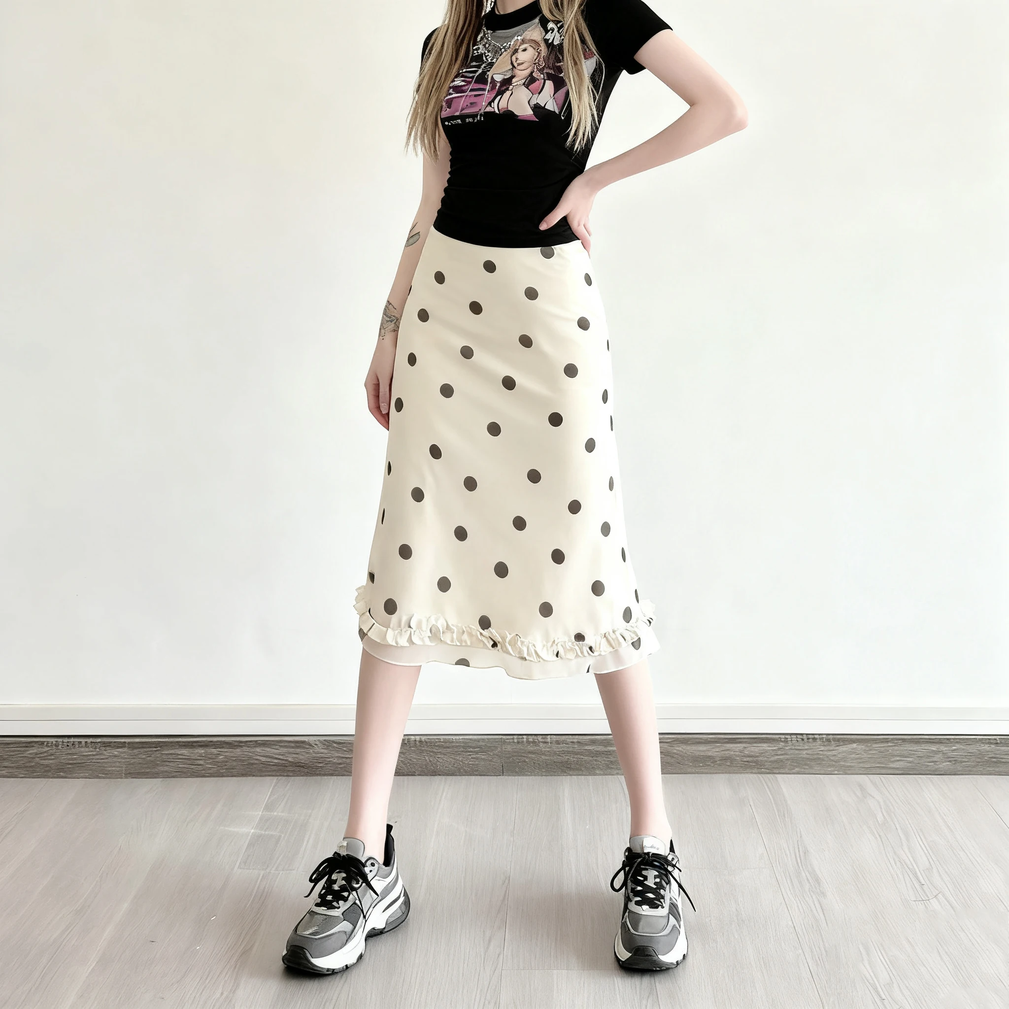 

American retro spicy girl contrasting polka dot print bag hip skirt Spring/Autumn ladies slim fit spicy girl half body skirt