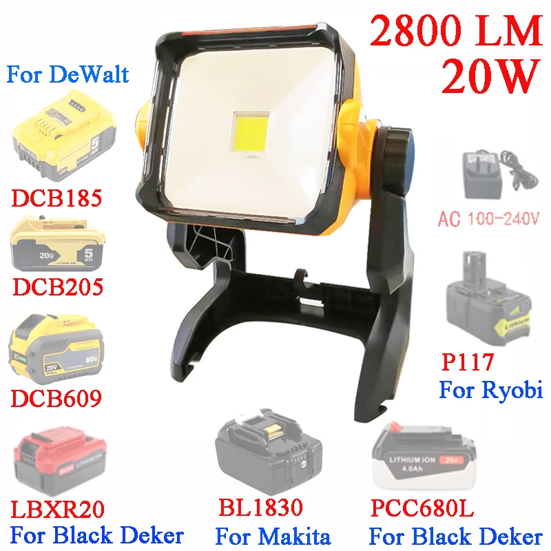 20W LED Working Lamp 2800 Lumins Light For Dewalt For Makita For Porter Cable For Black Decker For Ryobi 18V 20V Lithium Battery