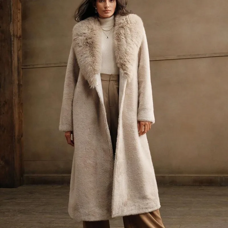 เสื้อโค้ทขนเฟอร์เทียมสำหรับผู้หญิง รุ่น Fluffy Top Coats ประจำฤดูหนาวและฤดูใบไม้ร่วง ปี 2025  แบบลำลอง ยาว พร้อมปกเสื้อและปกคอขนกระต่ายเทียม อุ่นสบาย