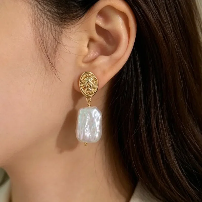 French retro portrait relief gold coin stud earrings special-shaped baroque pearl long earrings light luxury gentle style