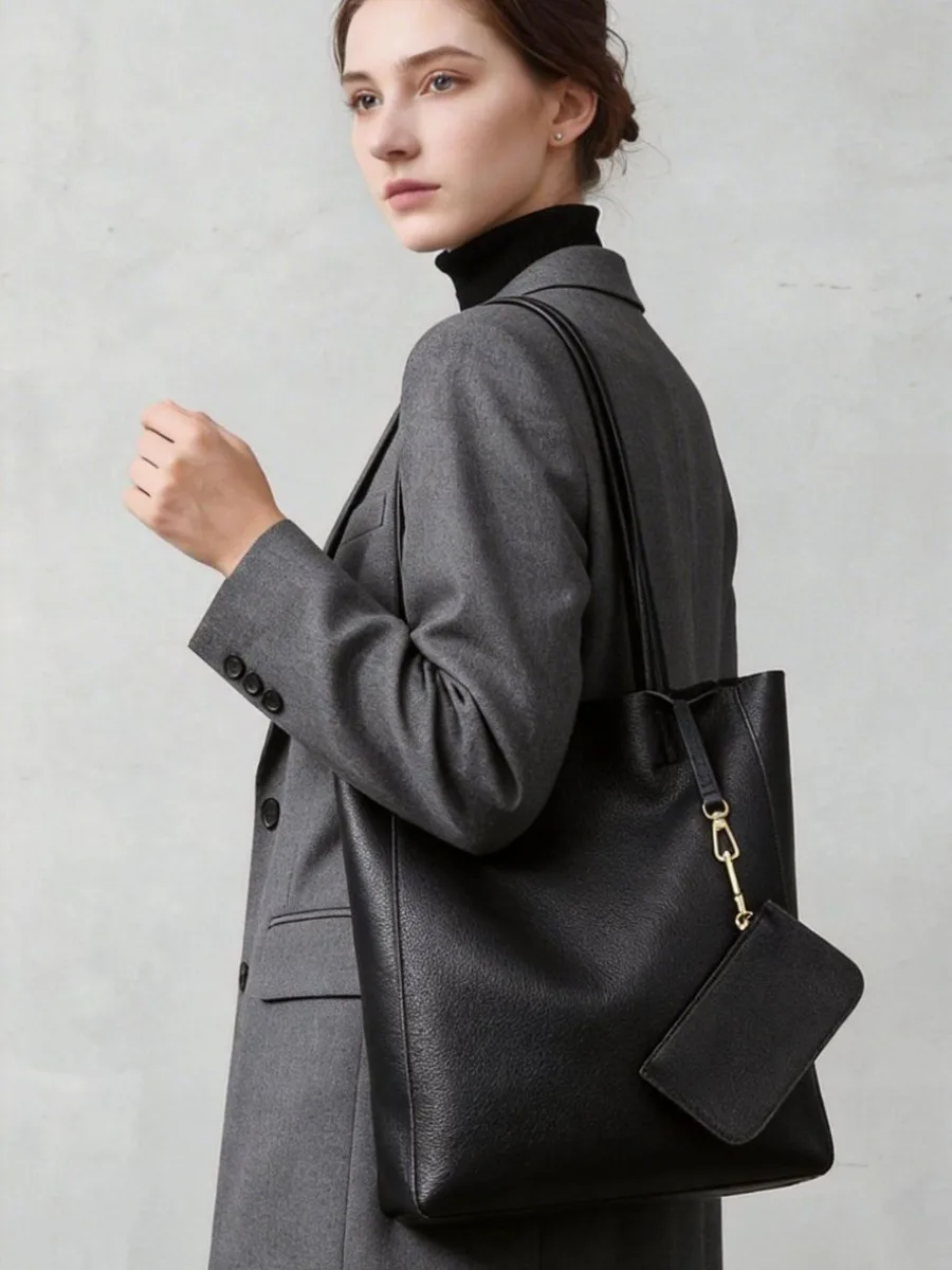 Genuine Leather Women Bag Simple Full-Grain Leather Niche Design Large Capacity Tote Bag New Senior Sense Commuter Shoulder Bag