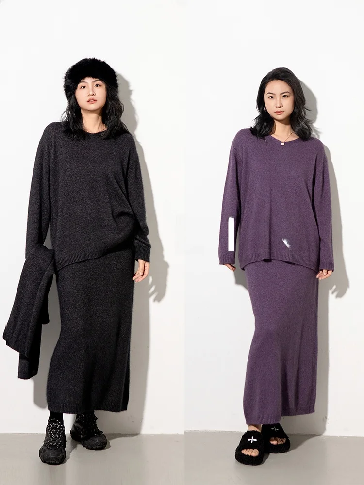 

Комплект из свитера, юбки и шарфа Belin Lazy Sle: уютный, свободный, из шерсти и меха, для осени и зимы, в стиле Sweet Sle, с длинным рукавом