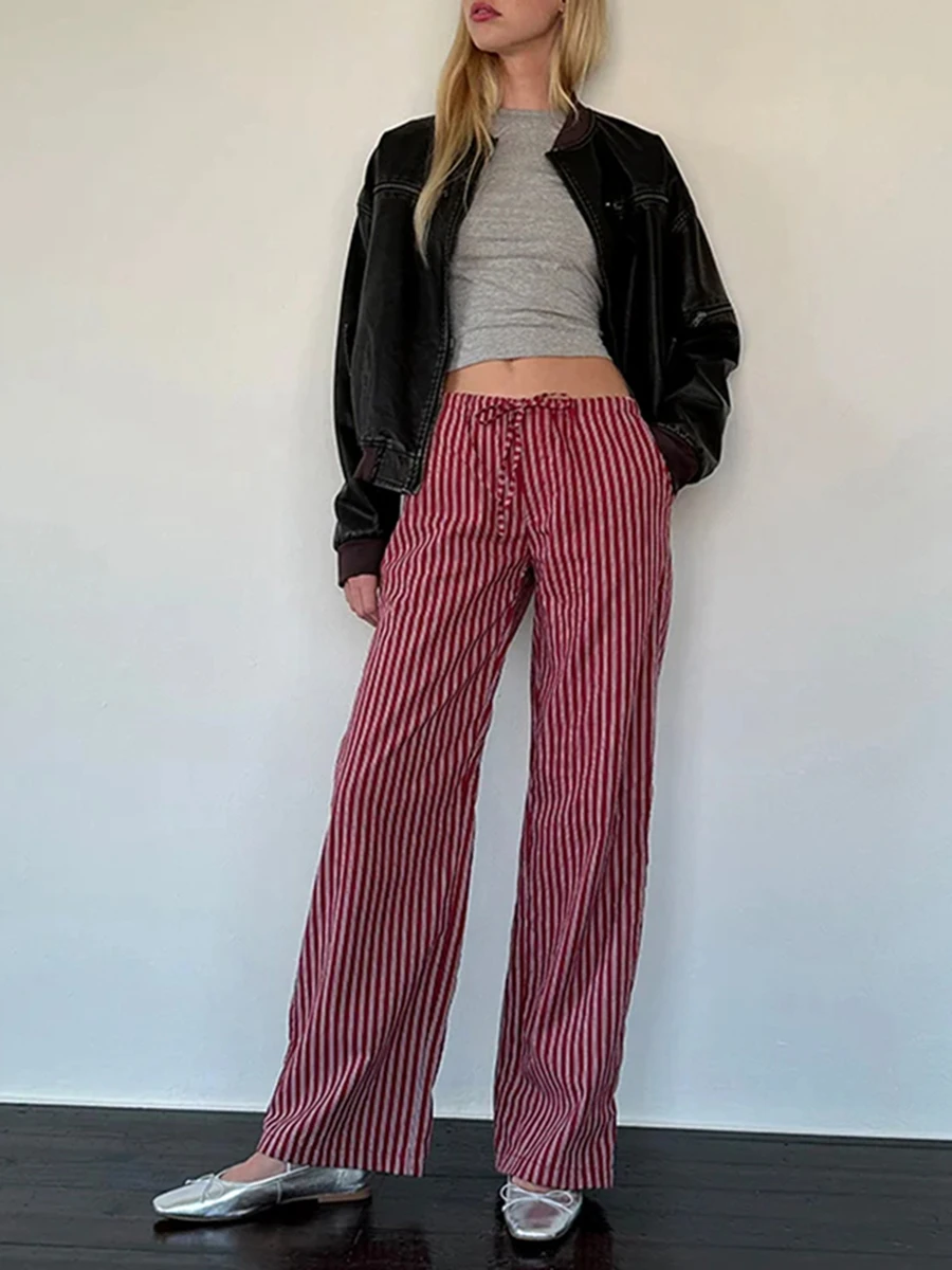 

Spring and Autumn Women'S Long Drawstring Pants Casual Elastic Waist Wide Leg Plaid Straight Leg Pants With Pockets