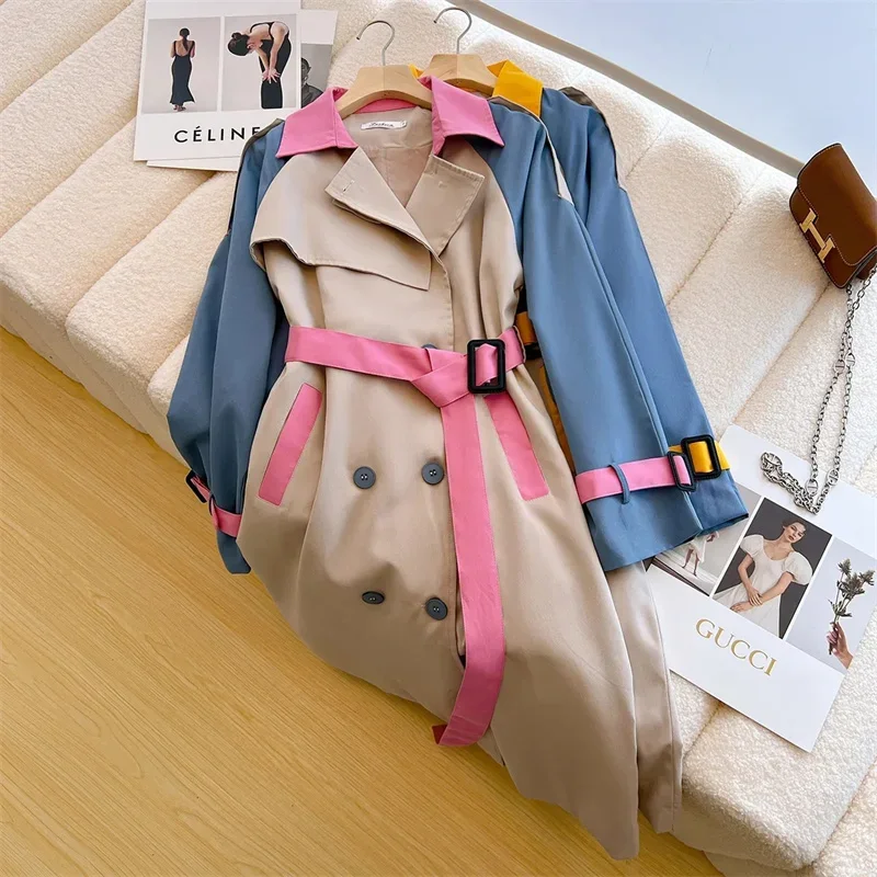 Spring Women Patchwork Contrast Color Windbreaker With Belt Double-breasted Long Sleeve Pink Yellow Loose Mid-Length Trench Coat