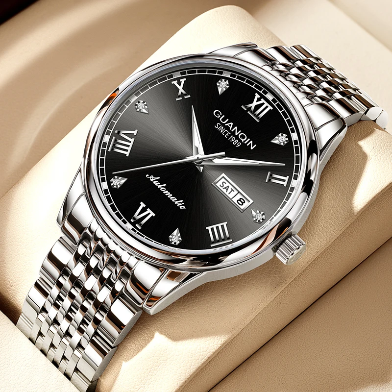GUANQIN Роскошные мужские часы, полностью автоматические механические часы из нержавеющей стали с двойным календарем, водонепроницаемые часы высокого класса для бизнеса и отдыха