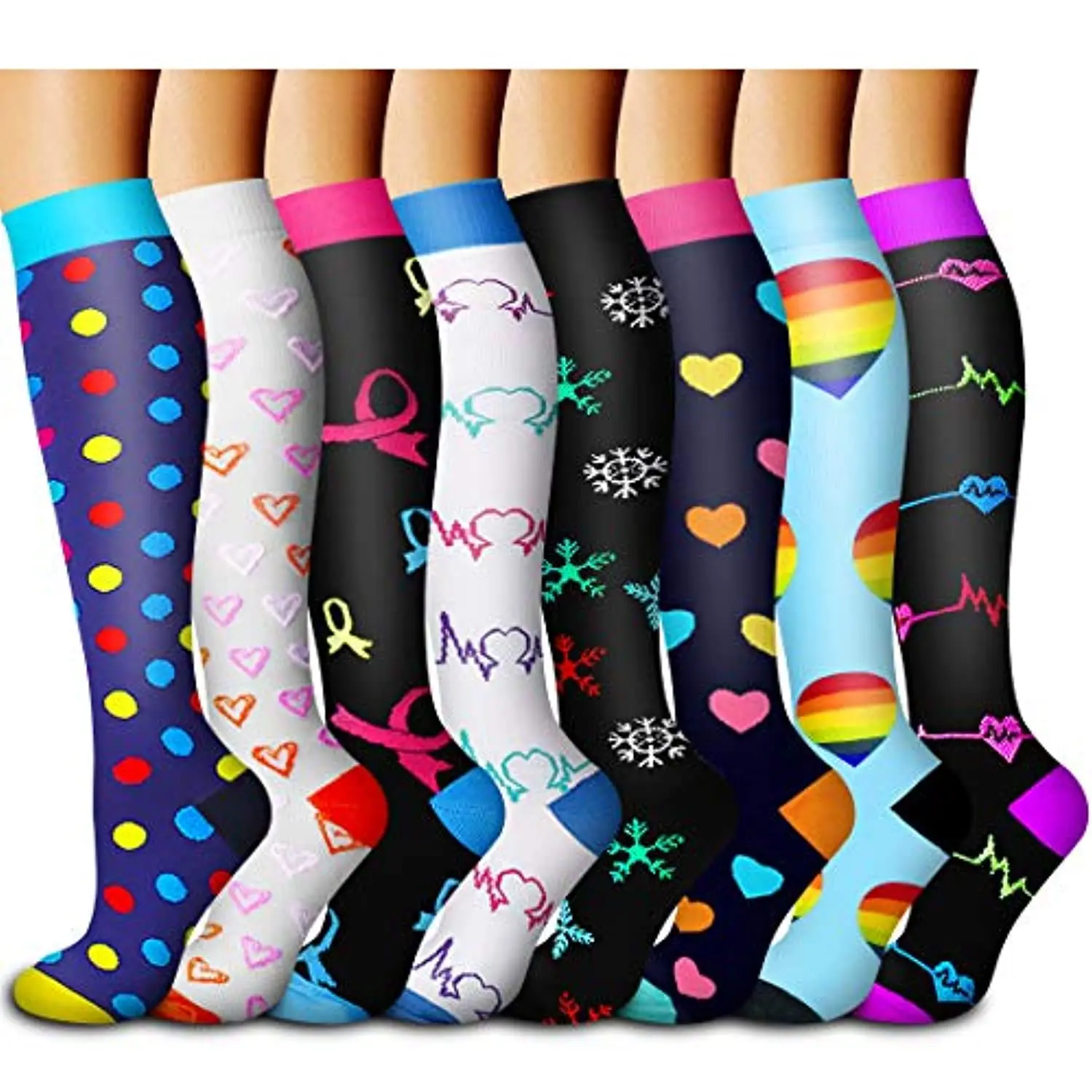 Chaussettes de compression colorées pour hommes et femmes, chaussettes de sport pour infirmières, chaussettes de course pour dames, 8 paires