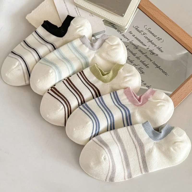 Women Socks Fashion New Stripe Color Blocking Cotton Breathable Cotton Ankle Socks  Korean Style Sock Slippers for Women