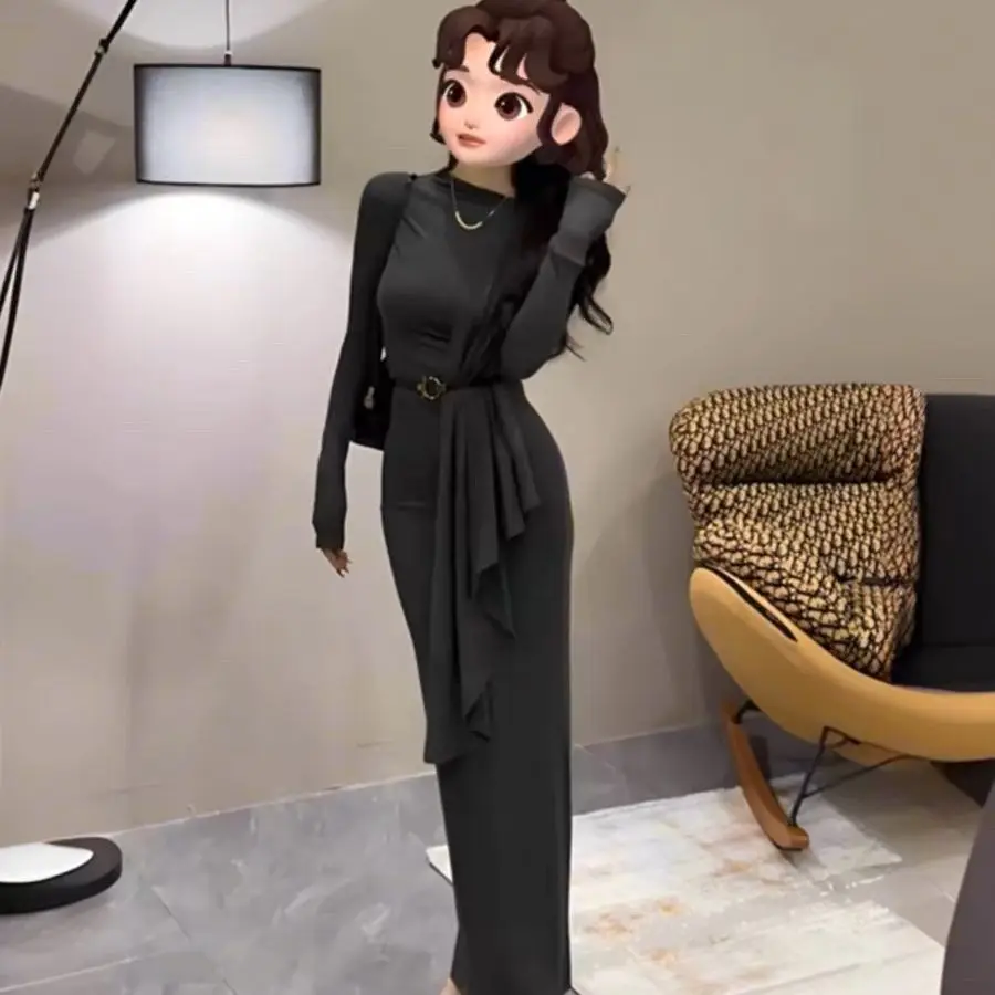 French Temperament Ribbon Long -sleeved Dress Women's Winter New Waist Slim Hip Skirt with Long Skirt Inside