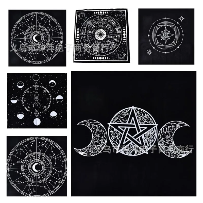 VIKAMA Black White Triple Moon Pentagram Tarot Altar Cloth Zodiac Wheel Witchcraft Divination Tablecloth Ritual Decor