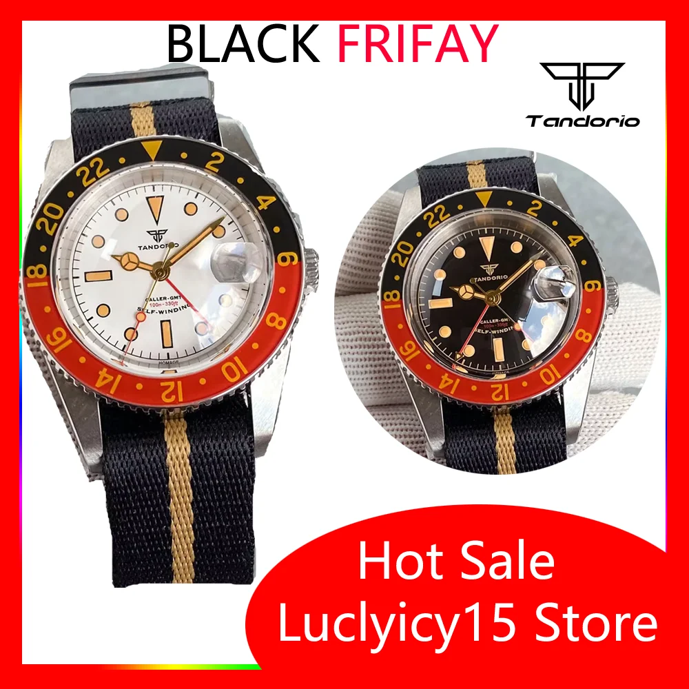 Tandorio 38mm NH34 GMT Men Automatic 20ATM Diving Watch Date Cyclops Bubble Sapphire Crystal 120 Clicks Bezel Yellow Gold Hands