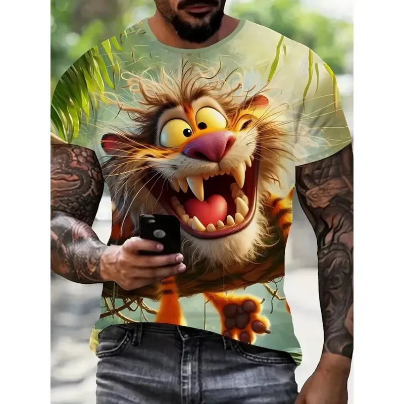 2026 Summer 3D Animal Print T Shirt Men Oversized Short Sleeve Tee Cute Outdoor Fashion Round Neck Top Casual Streetwear