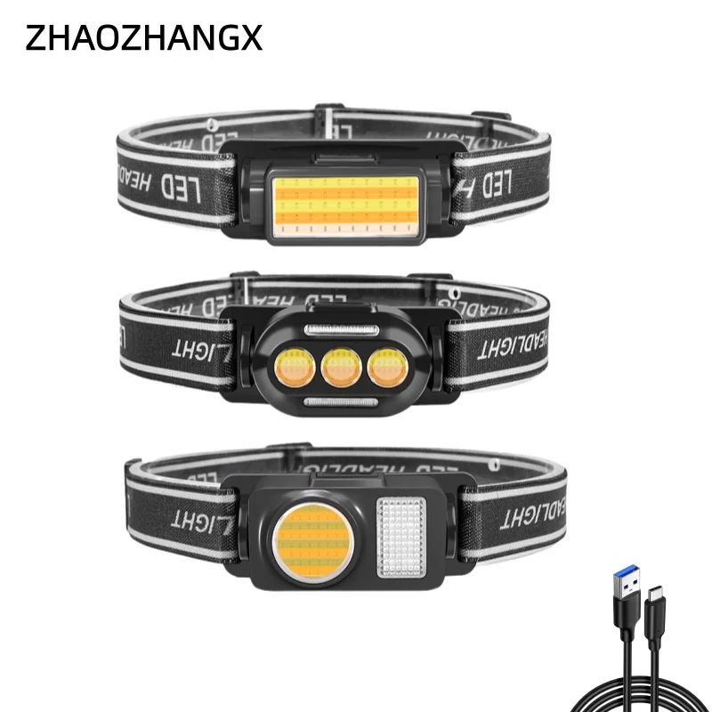 

Налобный фонарь ZHAOZHANGX COB+LED с зарядкой Type-C, компактный, легкий, с индикатором, многофункциональный