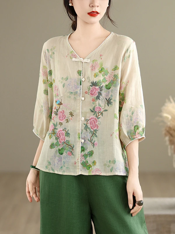 เสื้อผ้าผู้หญิงไซส์ใหญ่สไตล์ลำลองสำหรับฤดูร้อน ดีไซน์เรโทร แต่งลายปักหนัก กระดุม ไอร์ท บางเบา ทรงวี คอวี ช่วยให้ดูผอมเพรียว แฟชั่น