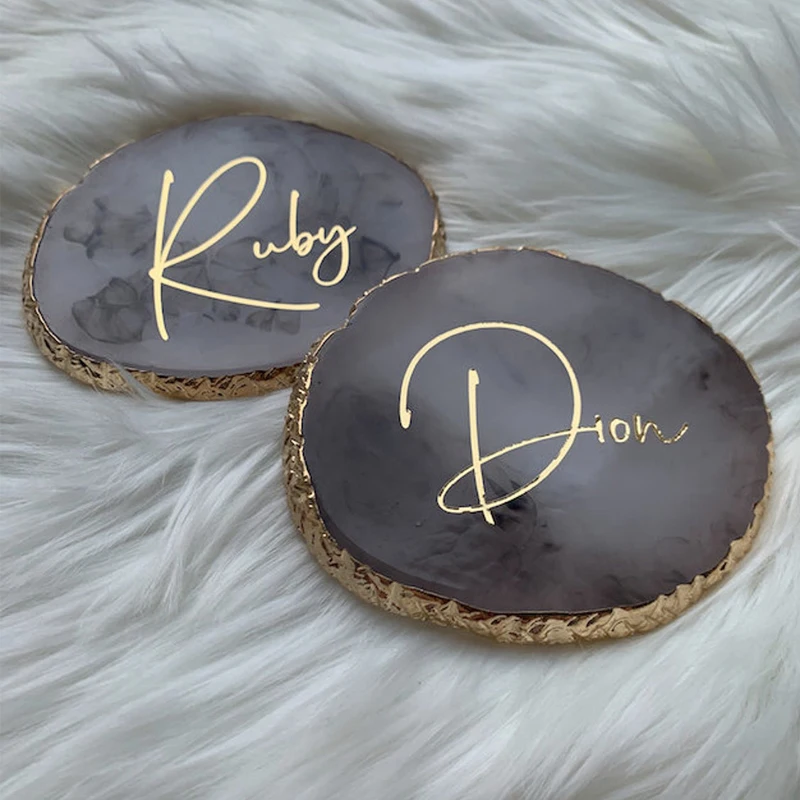 Personalized Resin Agate Coaster Gold Pink Bridal Bridesmaid Proposal Wedding Gift Gold Rim Coaster Jewelry Plate Slice