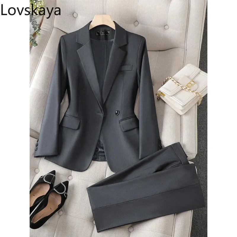 Work Wear Blazer Jacket And Trouser Female 2 Piece Set Gray Black Women Pant Suit Formal Office Ladies Business