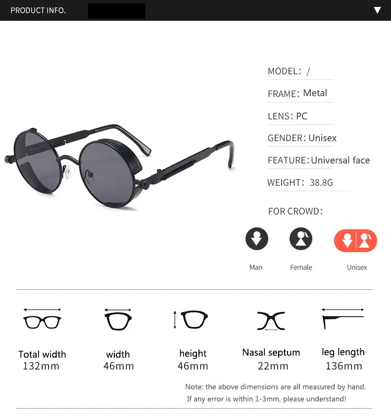 BOYSEEN 2025 Vintage Steampunk Sonnenbrille Frau Männer Runde Luxus Metall Retro Sonnenbrille Hiphop Stil Brillen UV400 – Detail 8