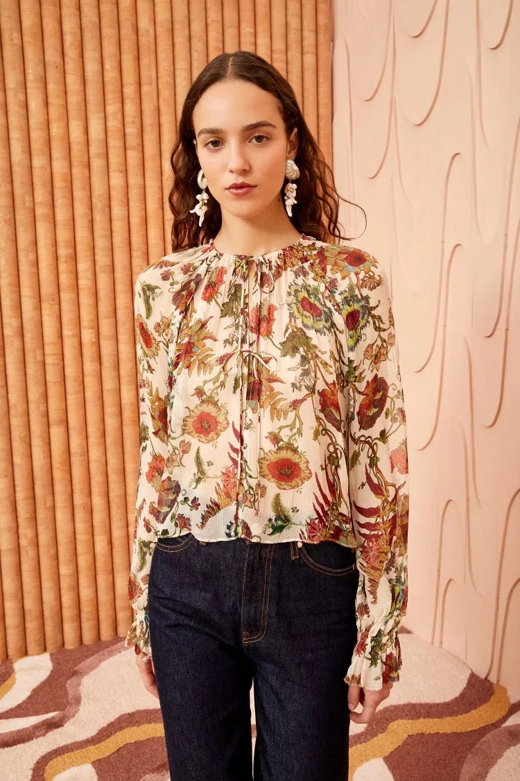 Women Shirt Round Neck Floral Printed 100% Silk Long Sleeve Casual Blouse