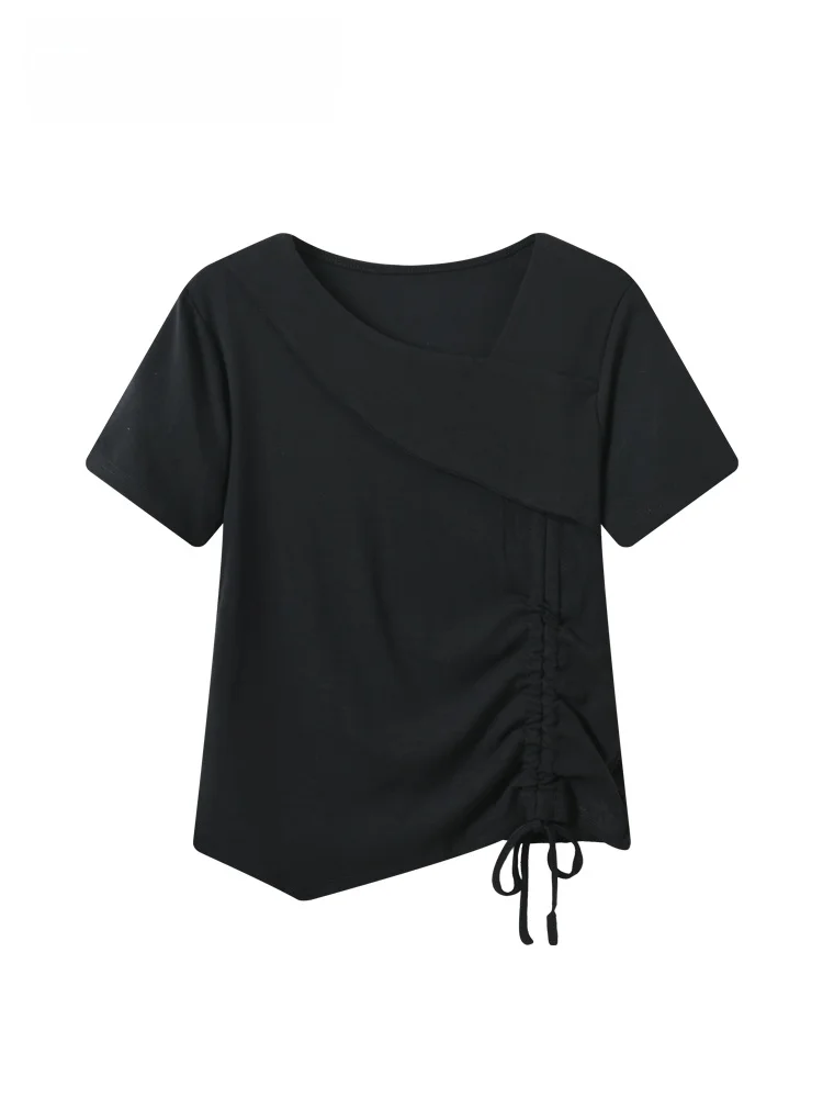 

Casual Short Sleeve T-Shirt Women's plus Size Summer New Style Irregular Neckline Breathable Polyester Cotton Blend Top