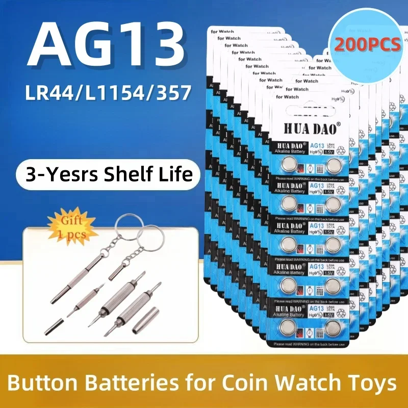 

200pcs 1.55V AG13 Coin Cell Battery RW82 SR1154 SP76 LR44 357 357A S76E G13 Alkaline Button For Watch Electronic Remote