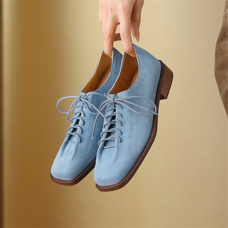 New Spring Sheep Suede Loafers Woman Shoes Chunky Heel Square Toe Shoes for Women Ladies Shoes Lace Women Pumps Low Heels