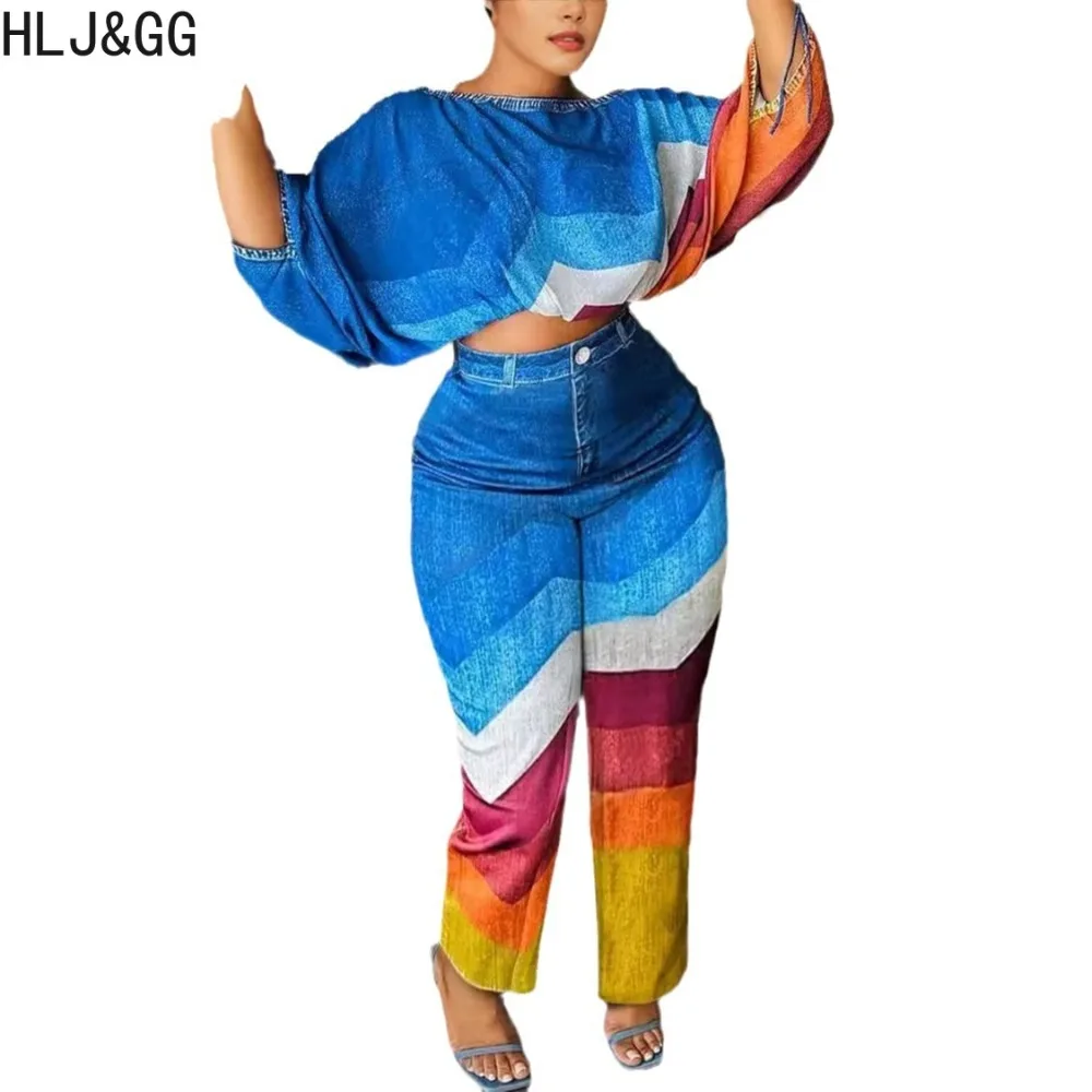 HLJ&GG Blue Elegant Lady Print Straight Pants Two Piece Sets Women One Shoulder Long Sleeve Crop Top And Pants Outfits Clothing