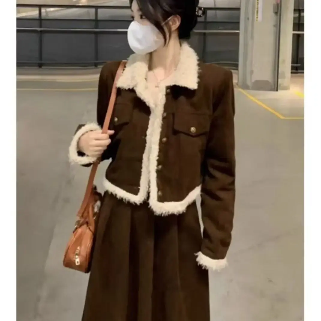 Vintage Corduroy Women's Set Autumn/Winter Lamb Wool Splicing and Cotton Thickened Short Coat+Skirt Two Piece Set