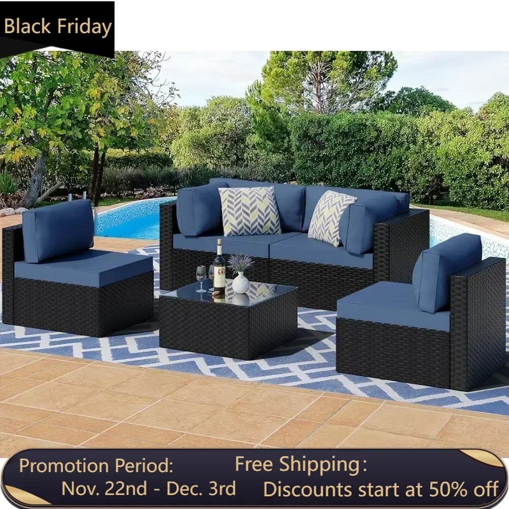 

Poolside Garden Furniture 5 Pieces Outdoor Patio Sectional Sofa Couch Backyard Black PE Wicker Furniture Sets Aegean Blue