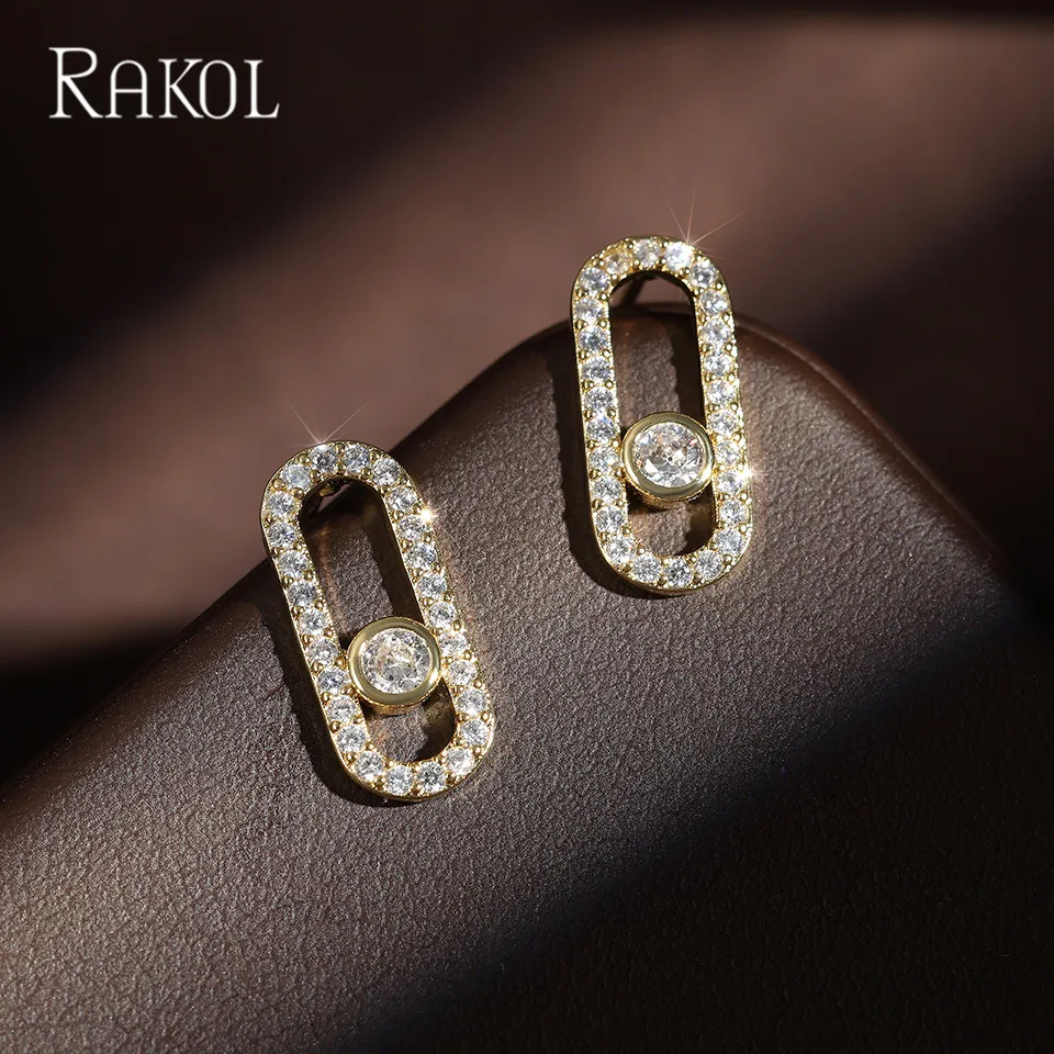 RAKOL Exquisite Oval Dangle Pendant Earrings for Women Fashion Paper Clip Cubic Zirconia Earring Jewelry Girls Party Gifts