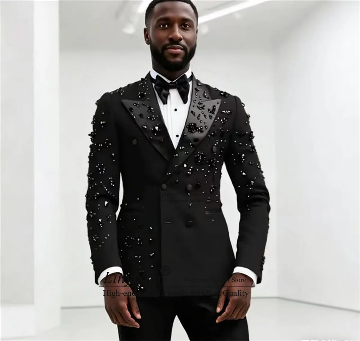 

High End Crystals Men Suits 2 Pieces Sets Party Groom Blazers Pants Outfit Double Breast Customized Wedding Tuxedo Costume Homme