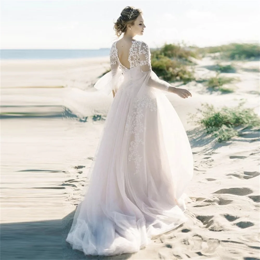 Boho Brautkleider lange Flare Ärmel O-Ausschnitt A-Linie Brautkleid Applikation Spitze rücken freie Strand Braut Robe Knopf Vestido de Novia