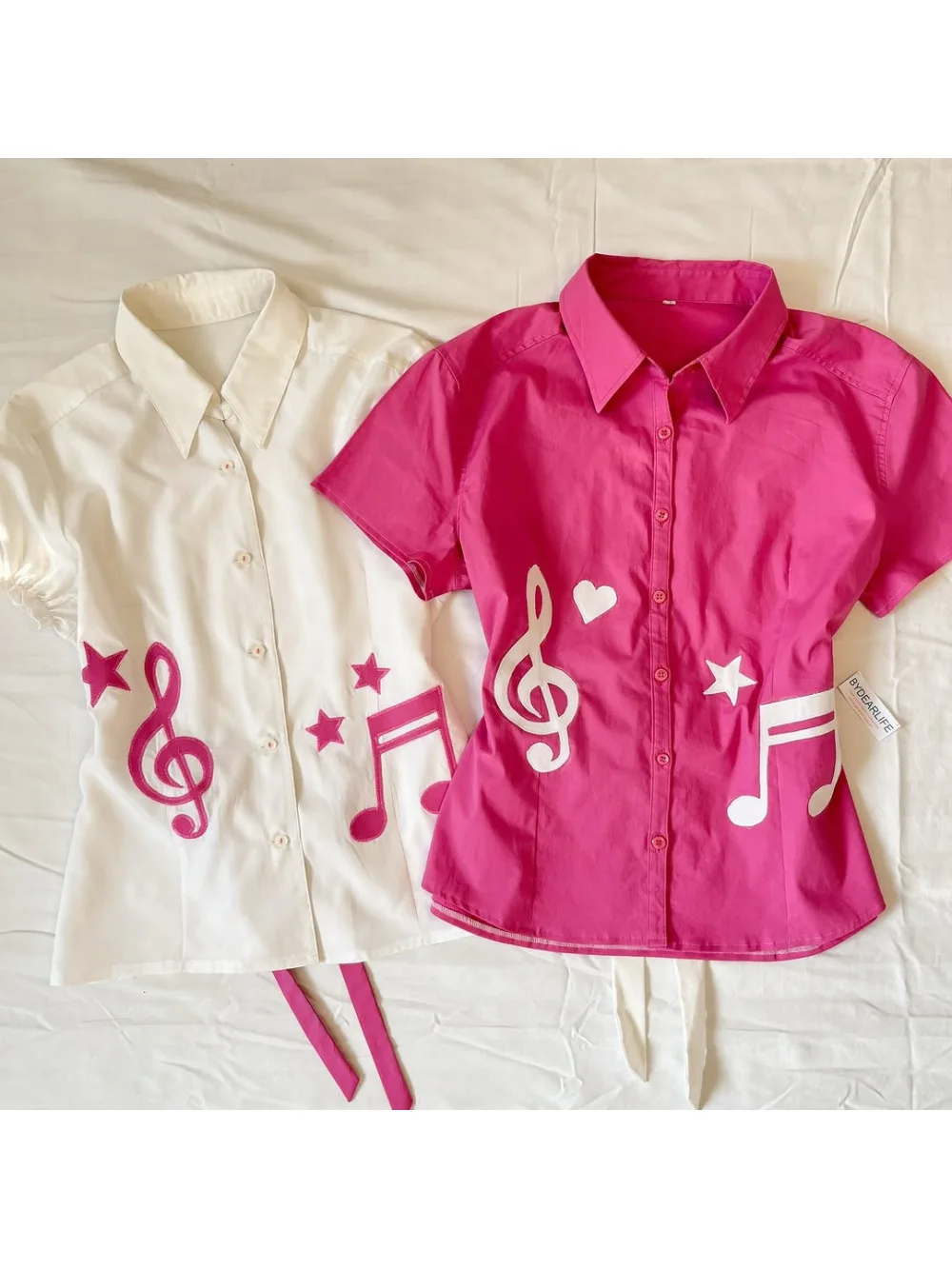 2026 Vintage Kawaii Music Symbol Graphic Shirt Hot Pink Slim Fit Short Sleeve Blouse Y2K E-girl Heart Star Casual Button Up Top