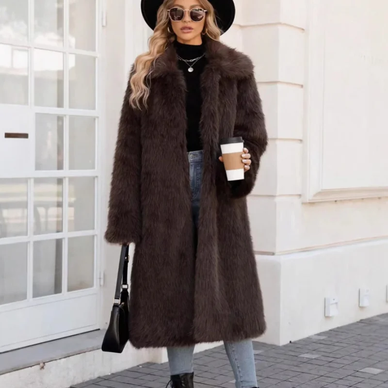 

F0706European and American Style Top Faux Fox Fur Long Coat Warm Cold-Proof Windbreaker
