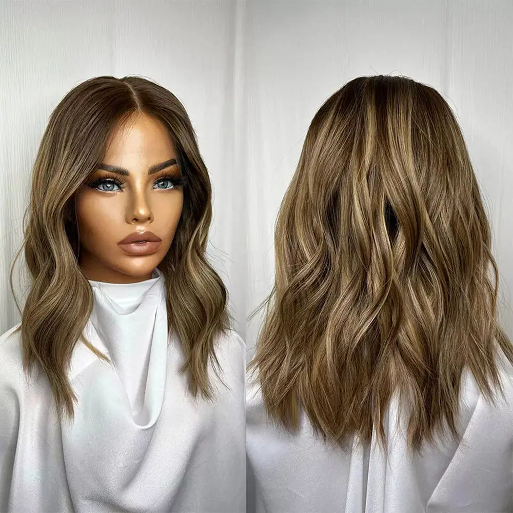 14 Inches Ombre Caramel Brown 13x4 Synthetic Lace Front Wigs for Women Short Natural Wavy Hair Lace Frontal Wig Daily Party Use